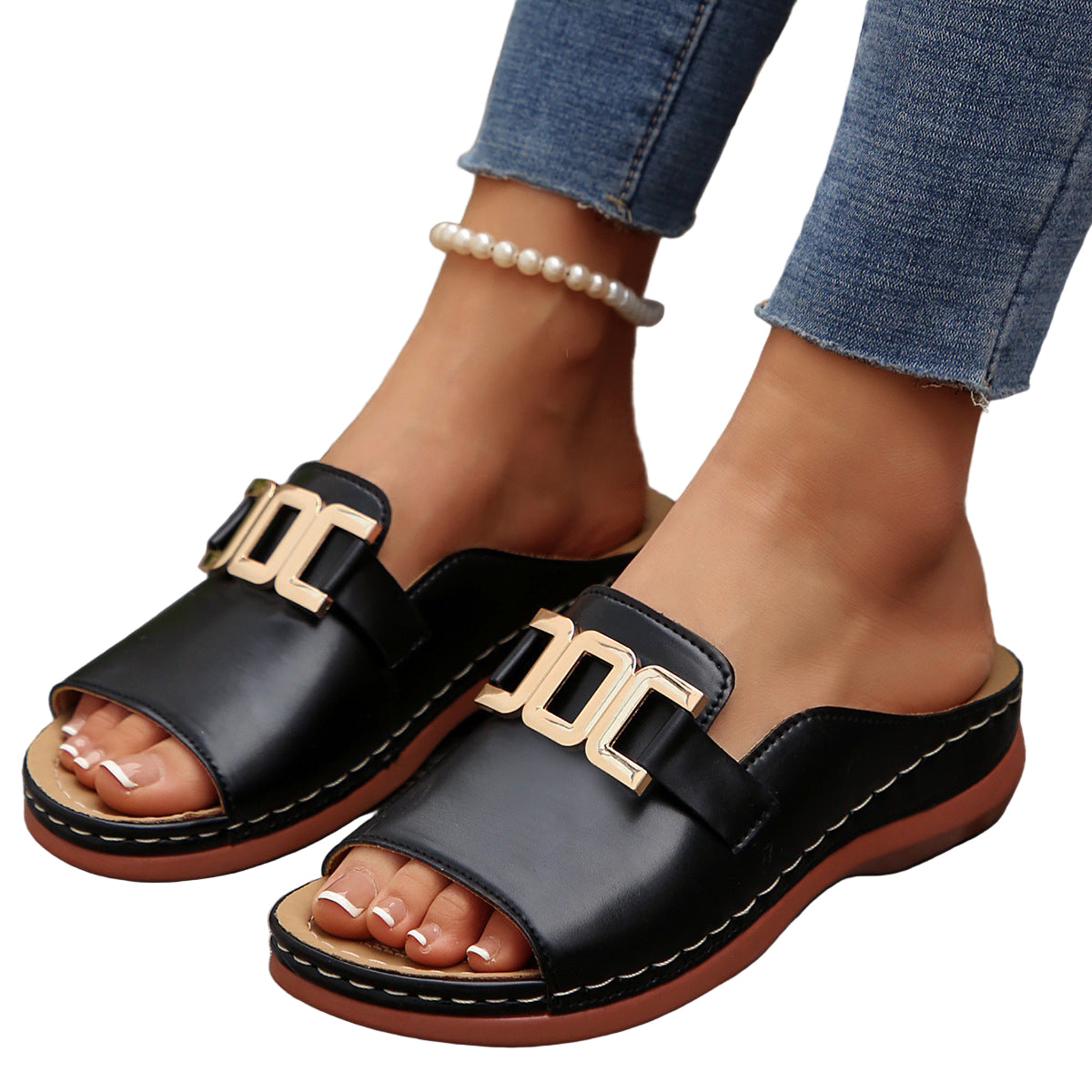 Women's Chain Wedge Sandals - Summer Platform Slides with Thick Bottom